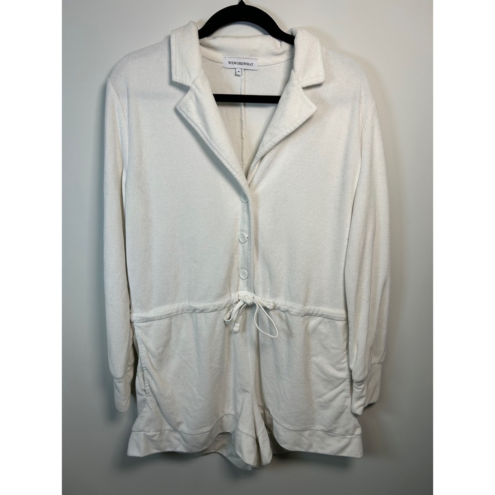 Weworewhat White Terry Cloth Romper Button‎ Front Drawstring Waist Medium swim